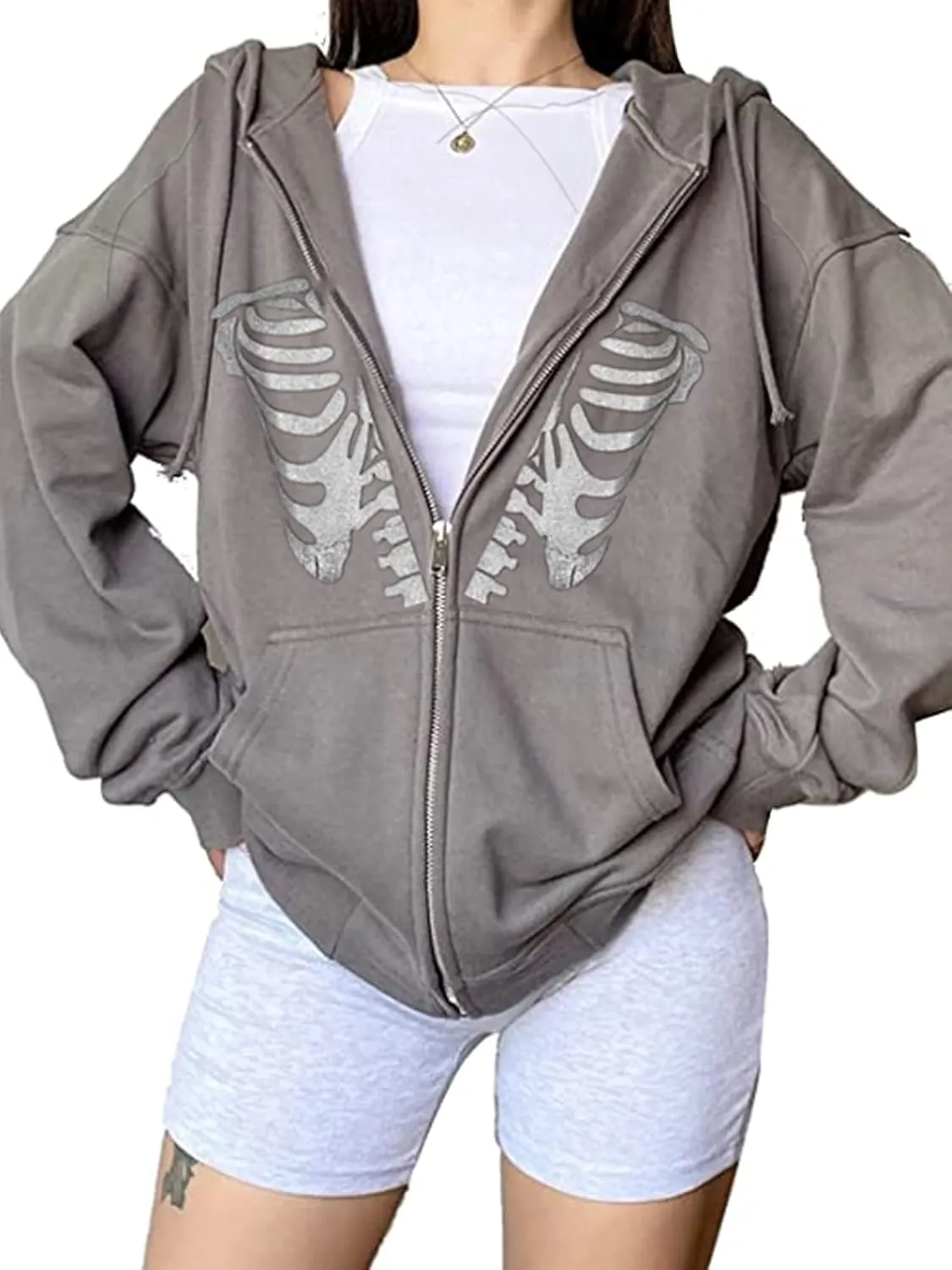 Fanvereka Women's Oversized Zip Up Hoodie Aesthetic Skeleton Print Hooded Sweatshirt Long Sleeve E-Girl Harajuku Jackets Coat