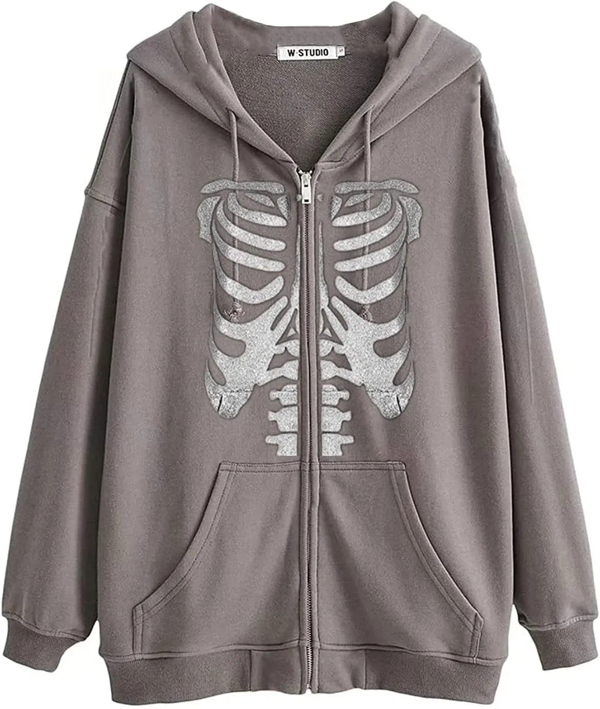 Fanvereka Women's Oversized Zip Up Hoodie Aesthetic Skeleton Print Hooded Sweatshirt Long Sleeve E-Girl Harajuku Jackets Coat