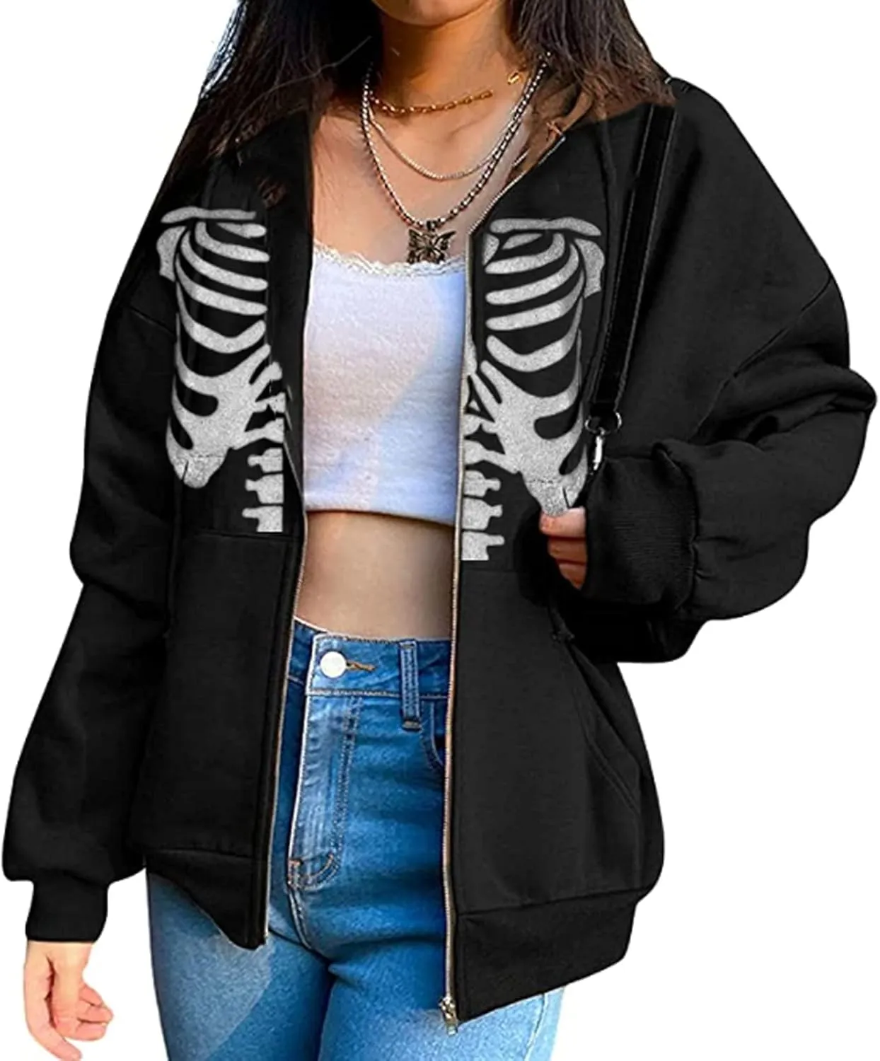 Fanvereka Women's Oversized Zip Up Hoodie Aesthetic Skeleton Print Hooded Sweatshirt Long Sleeve E-Girl Harajuku Jackets Coat