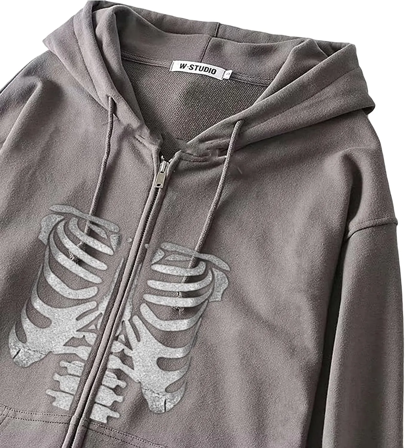 Fanvereka Women's Oversized Zip Up Hoodie Aesthetic Skeleton Print Hooded Sweatshirt Long Sleeve E-Girl Harajuku Jackets Coat