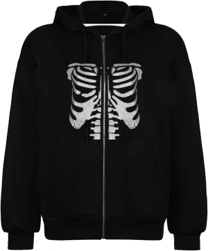 Fanvereka Women's Oversized Zip Up Hoodie Aesthetic Skeleton Print Hooded Sweatshirt Long Sleeve E-Girl Harajuku Jackets Coat