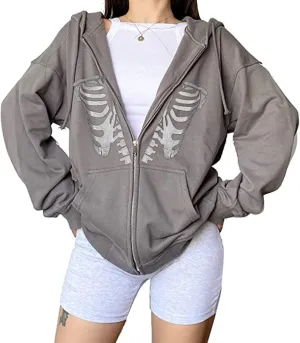 Fanvereka Women's Oversized Zip Up Hoodie Aesthetic Skeleton Print Hooded Sweatshirt Long Sleeve E-Girl Harajuku Jackets Coat