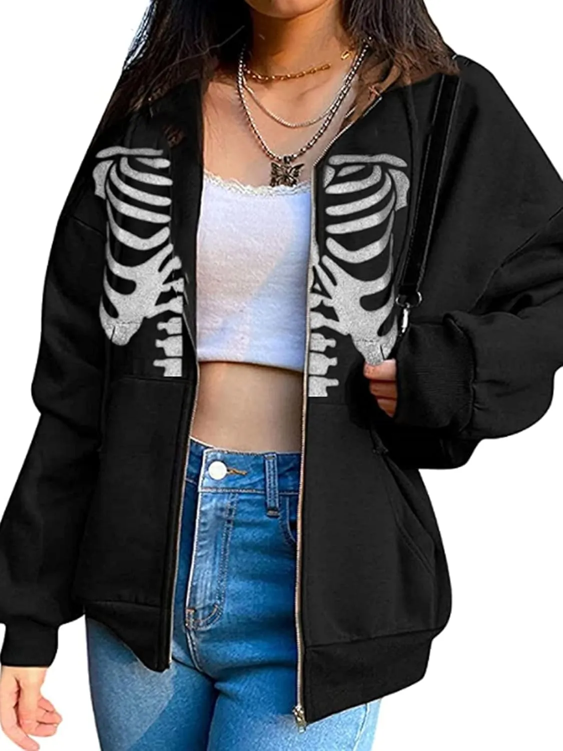 Fanvereka Women's Oversized Zip Up Hoodie Aesthetic Skeleton Print Hooded Sweatshirt Long Sleeve E-Girl Harajuku Jackets Coat
