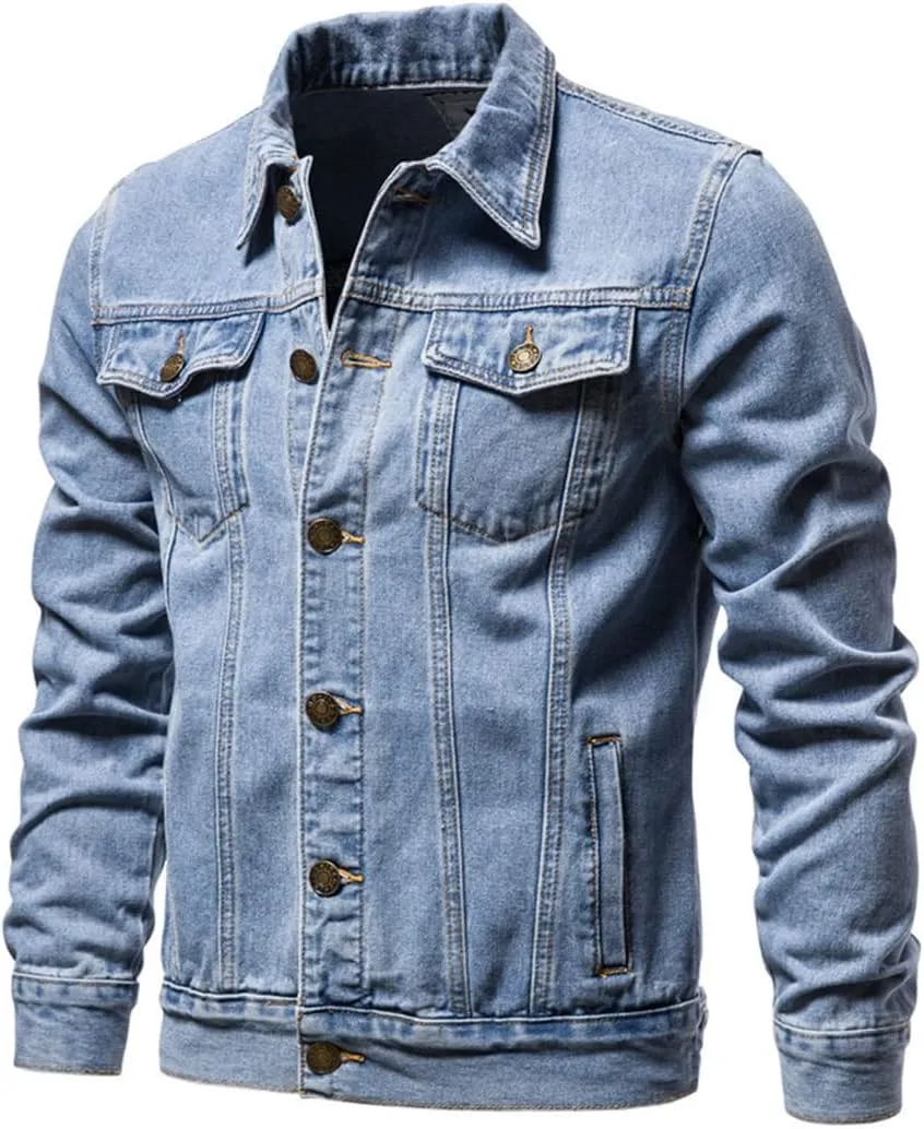Fashion Mens Denim Trucker Jackets Slim Fit Mens Jeans Jacket Cotton Outwear Coat Long Sleeve Plus Size Male