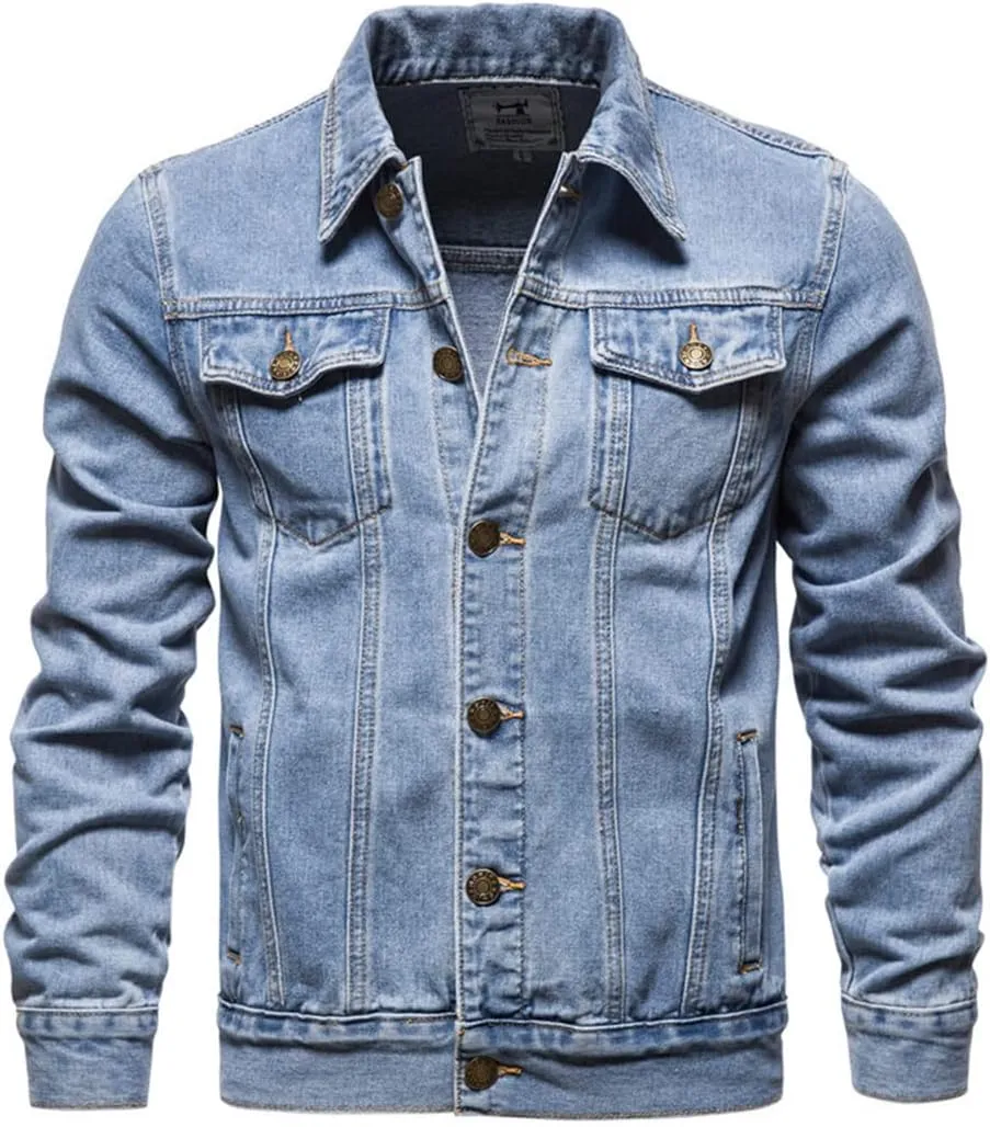 Fashion Mens Denim Trucker Jackets Slim Fit Mens Jeans Jacket Cotton Outwear Coat Long Sleeve Plus Size Male