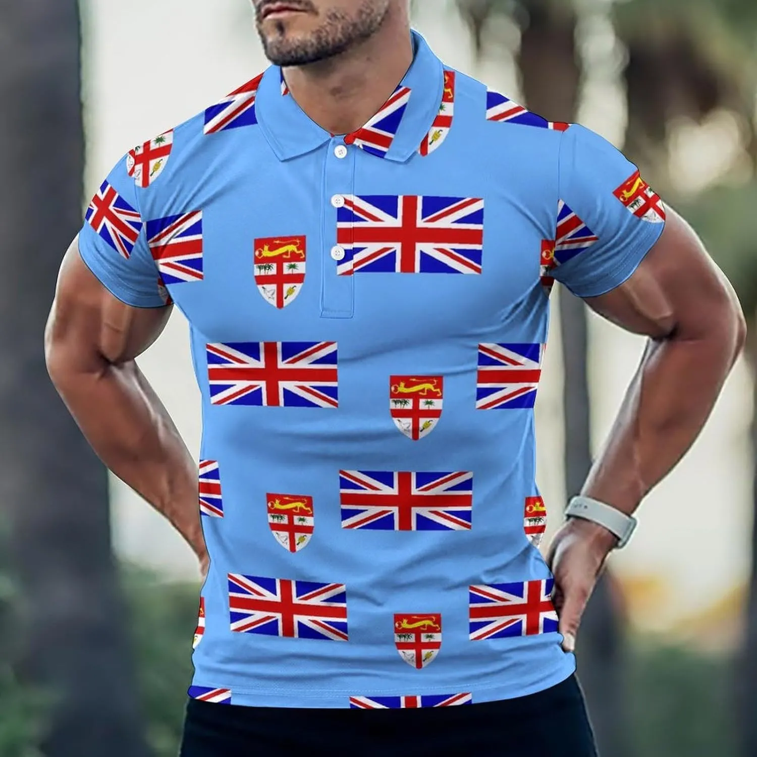 Fiji Flag Mosaic Mens Polo Shirts Quick Dry Short Sleeve T-shirts Slim Tennis Collared Tees Tops