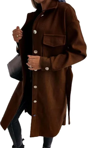 Flygo Women's Casual Wool Trench Coat Single Breasted Belted Mid Long Shacket Jacket