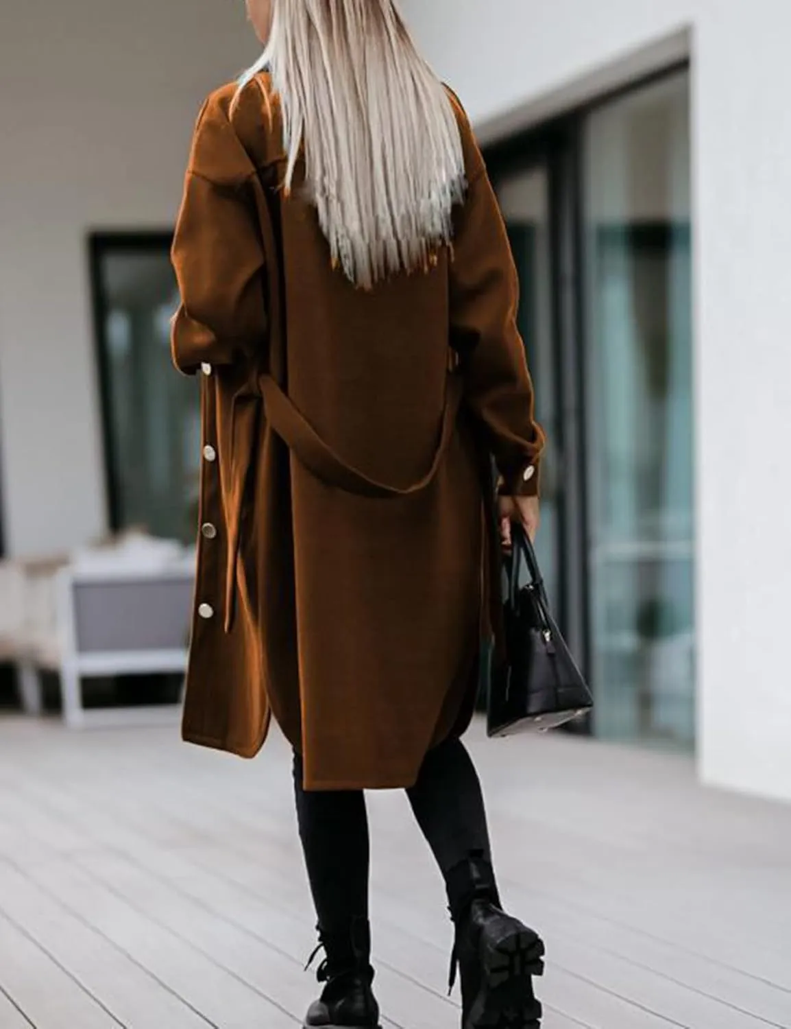 Flygo Women's Casual Wool Trench Coat Single Breasted Belted Mid Long Shacket Jacket