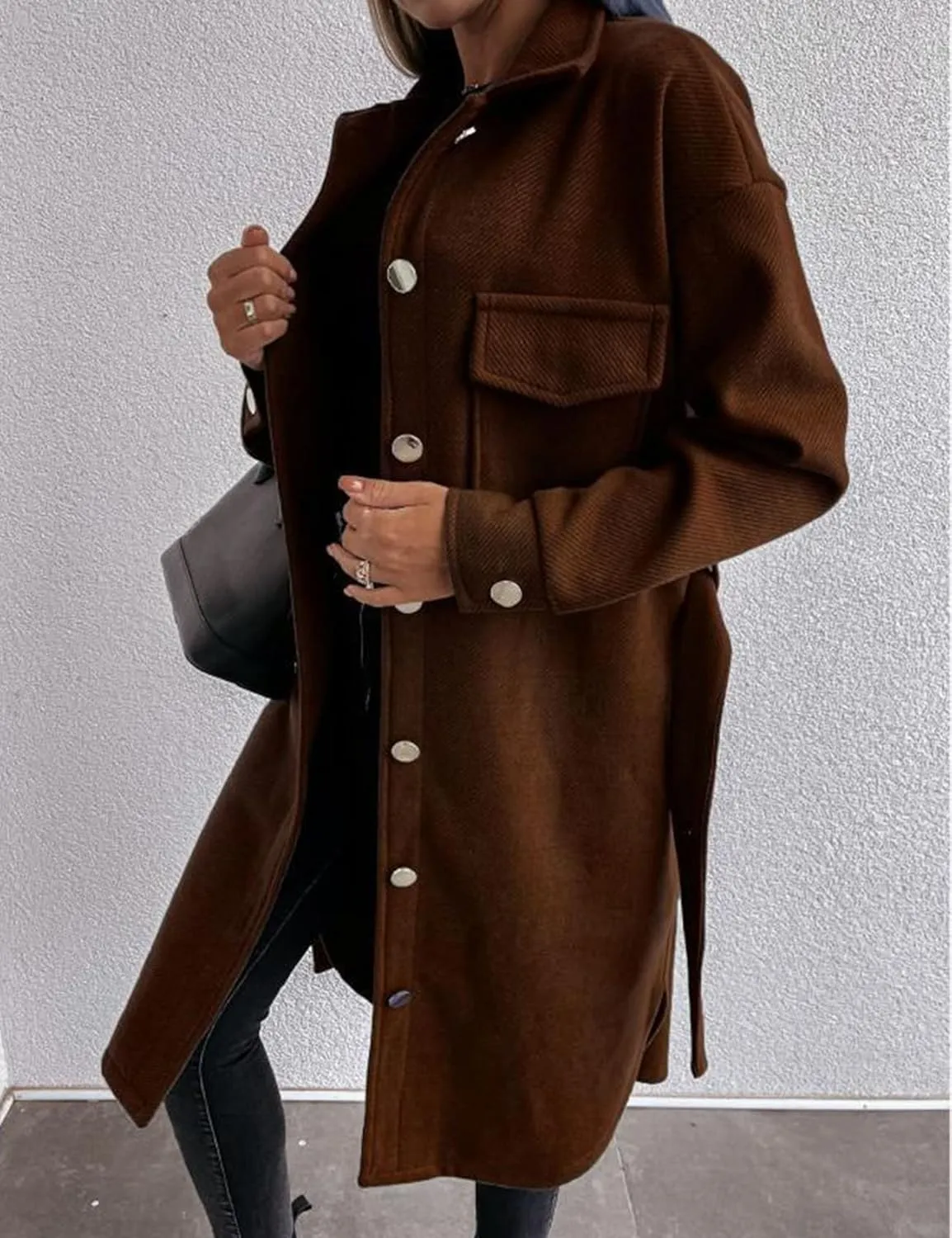 Flygo Women's Casual Wool Trench Coat Single Breasted Belted Mid Long Shacket Jacket