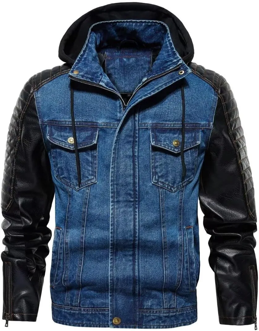 FTIMILD Mens Denim Jacket with Pu Leather Patchwork Biker Jacket with Detachable Hood Jean Jacket with Multiple Pockets