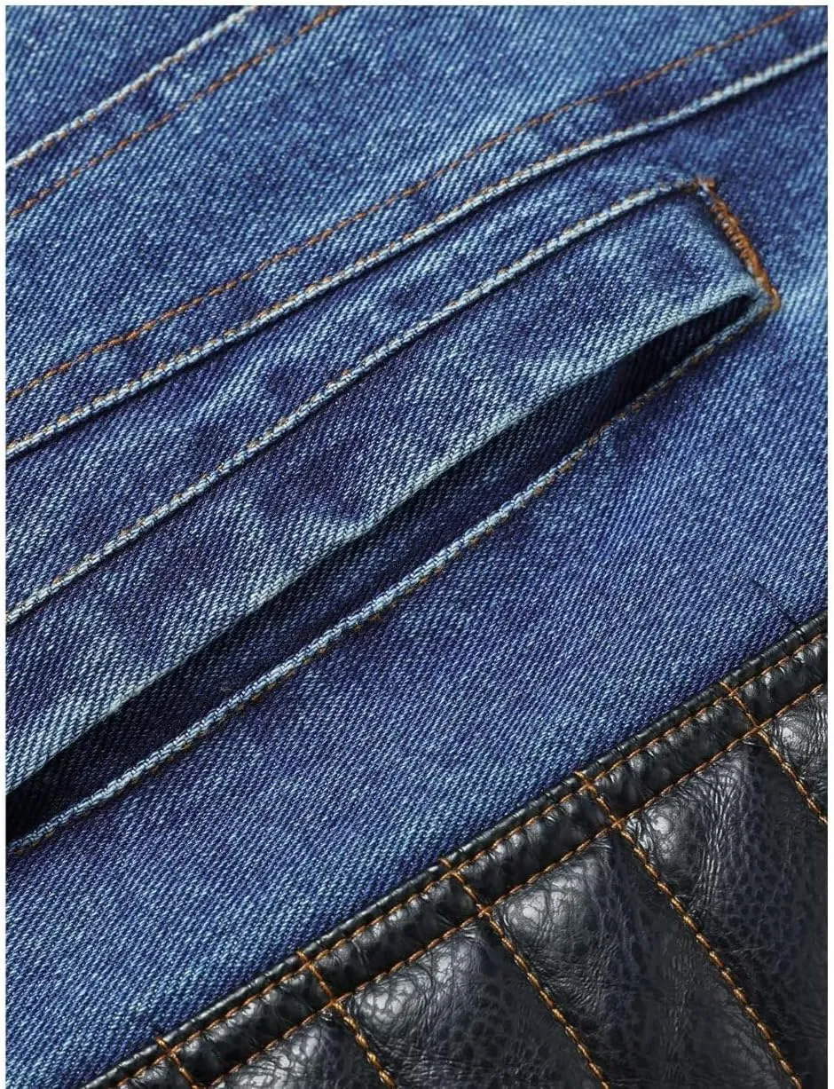 FTIMILD Mens Denim Jacket with Pu Leather Patchwork Biker Jacket with Detachable Hood Jean Jacket with Multiple Pockets