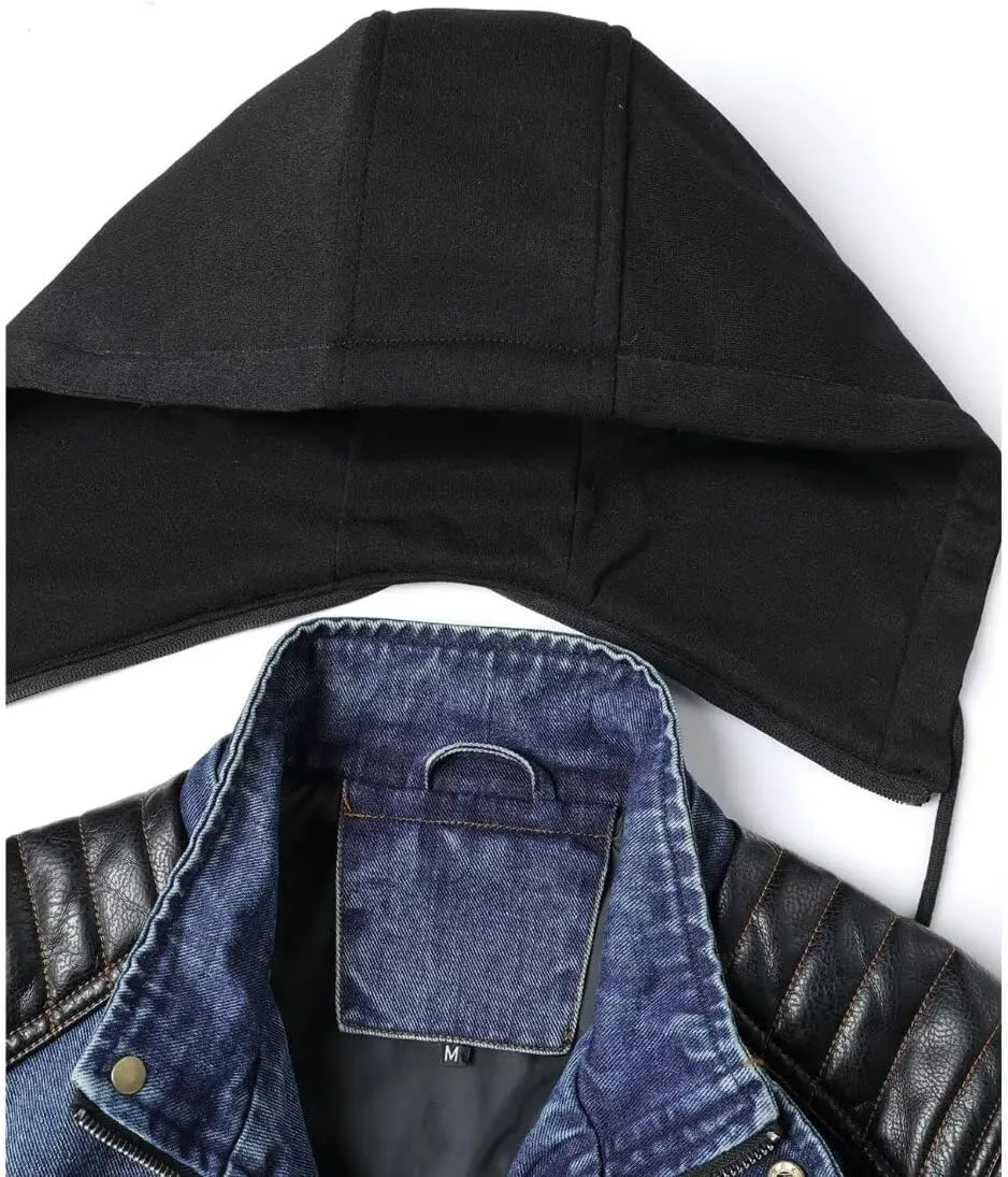 FTIMILD Mens Denim Jacket with Pu Leather Patchwork Biker Jacket with Detachable Hood Jean Jacket with Multiple Pockets