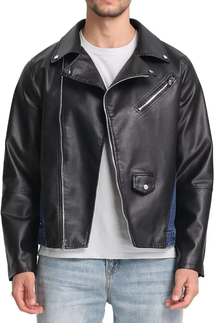 FTIMILD Mens Denim Jacket with Pu Leather Patchwork Biker Jacket with Detachable Hood Jean Jacket with Multiple Pockets