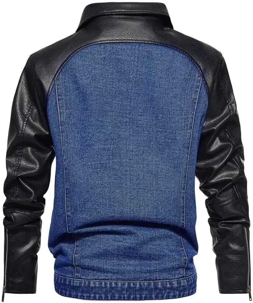 FTIMILD Mens Denim Jacket with Pu Leather Patchwork Biker Jacket with Detachable Hood Jean Jacket with Multiple Pockets