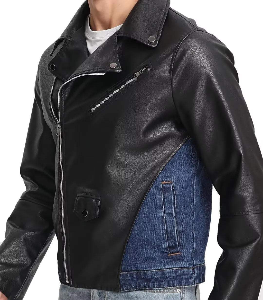 FTIMILD Mens Denim Jacket with Pu Leather Patchwork Biker Jacket with Detachable Hood Jean Jacket with Multiple Pockets