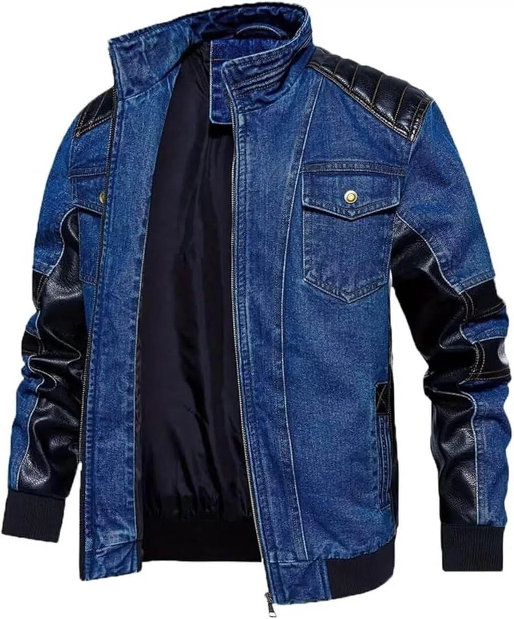 FTIMILD Mens Denim Jacket with Pu Leather Patchwork Biker Jacket with Detachable Hood Jean Jacket with Multiple Pockets