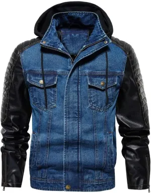 FTIMILD Mens Denim Jacket with Pu Leather Patchwork Biker Jacket with Detachable Hood Jean Jacket with Multiple Pockets