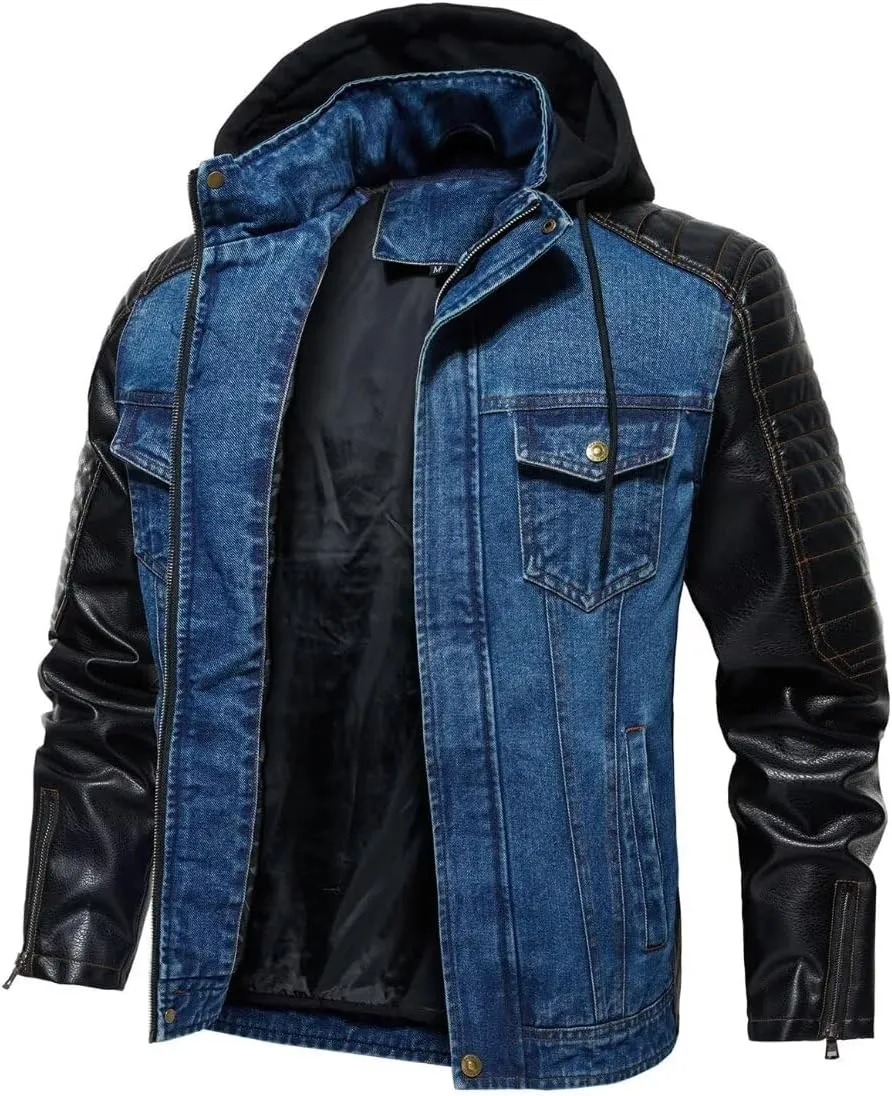 FTIMILD Mens Denim Jacket with Pu Leather Patchwork Biker Jacket with Detachable Hood Jean Jacket with Multiple Pockets