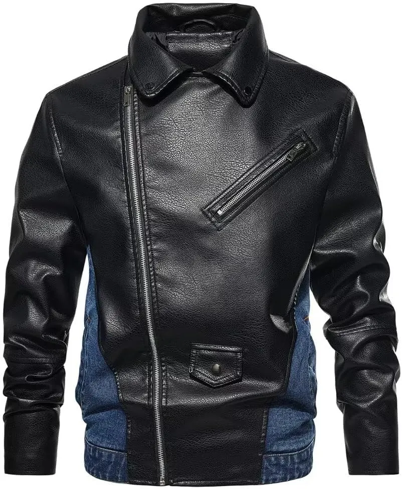 FTIMILD Mens Denim Jacket with Pu Leather Patchwork Biker Jacket with Detachable Hood Jean Jacket with Multiple Pockets