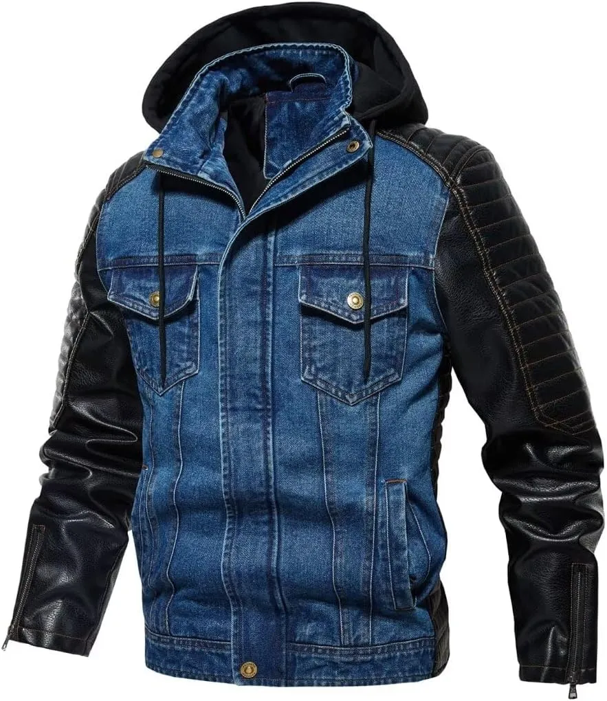 FTIMILD Mens Denim Jacket with Pu Leather Patchwork Biker Jacket with Detachable Hood Jean Jacket with Multiple Pockets