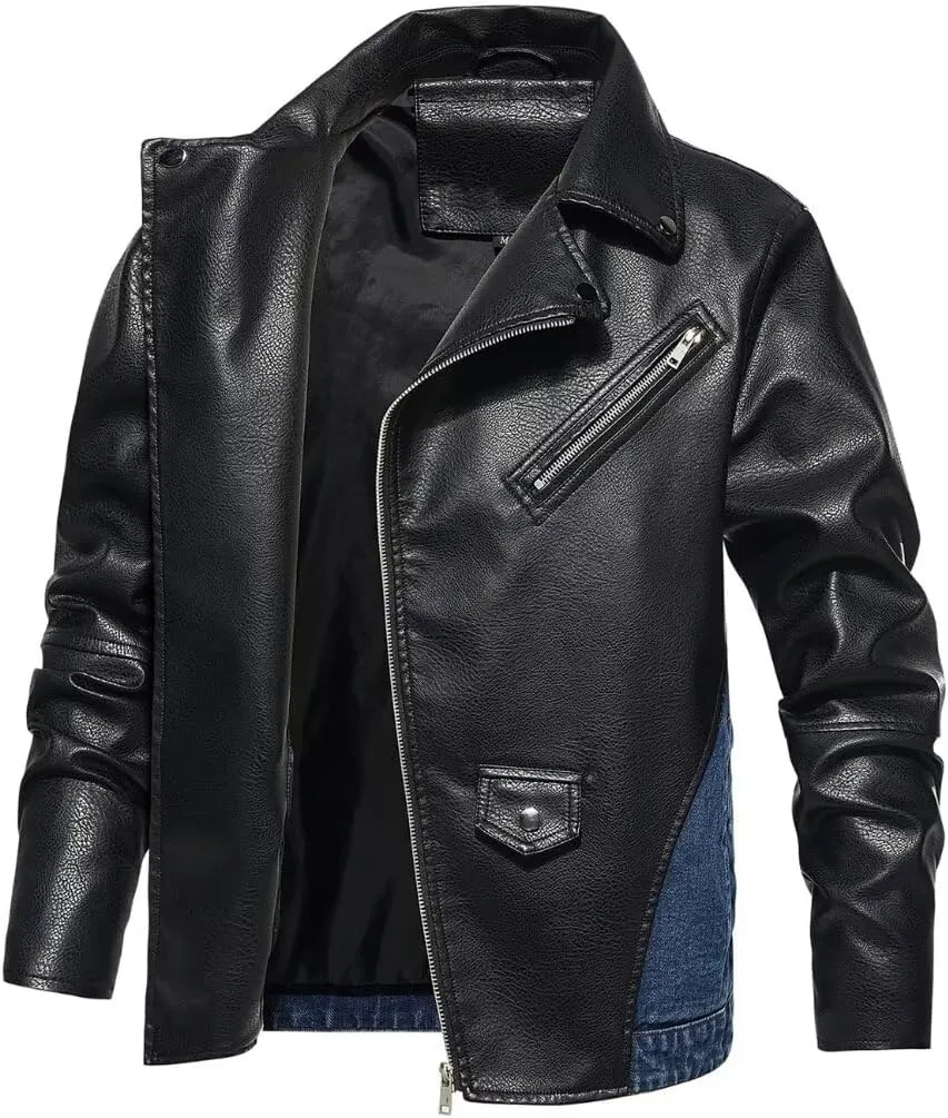FTIMILD Mens Denim Jacket with Pu Leather Patchwork Biker Jacket with Detachable Hood Jean Jacket with Multiple Pockets
