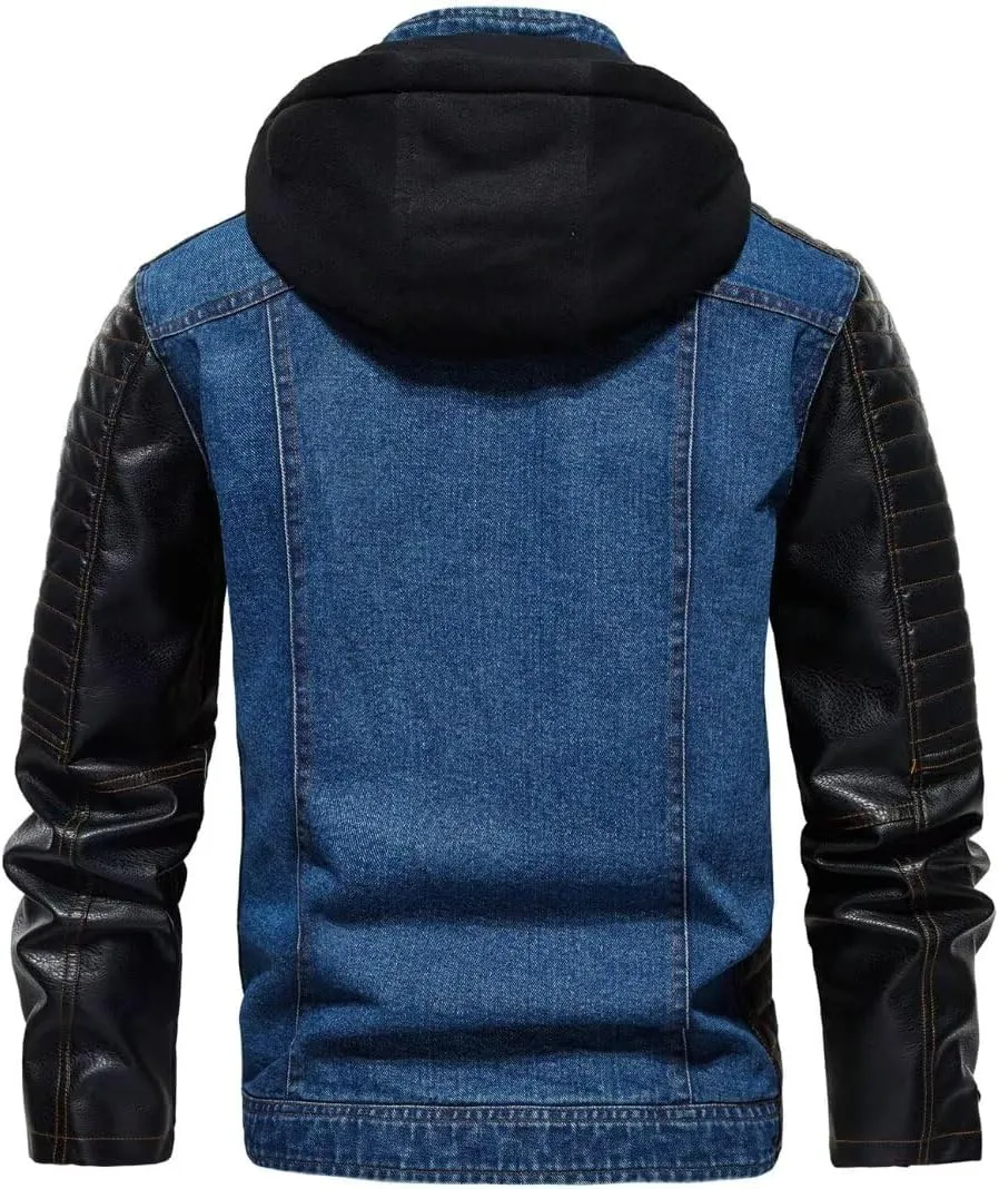 FTIMILD Mens Denim Jacket with Pu Leather Patchwork Biker Jacket with Detachable Hood Jean Jacket with Multiple Pockets