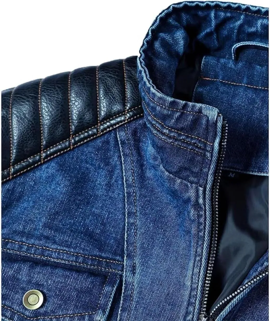 FTIMILD Mens Denim Jacket with Pu Leather Patchwork Biker Jacket with Detachable Hood Jean Jacket with Multiple Pockets
