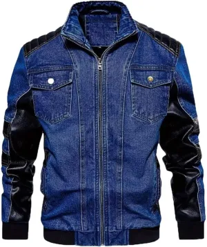 FTIMILD Mens Denim Jacket with Pu Leather Patchwork Biker Jacket with Detachable Hood Jean Jacket with Multiple Pockets