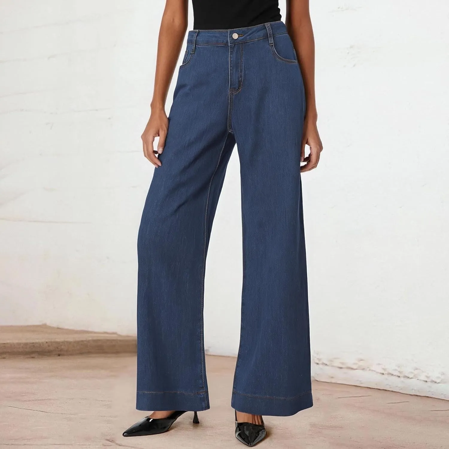FZVYD Womens Wide Leg Jeans High Waisted Stretchy Trendy Casual Work Denim Pants Trousers Stretch Loose Trousers with Pockets