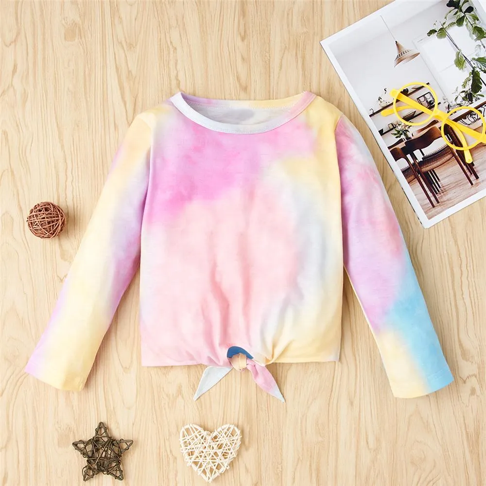Gils Tie Dye Long Sleeve Bow Decor Tees & Pants Girls Clothing Wholesale
