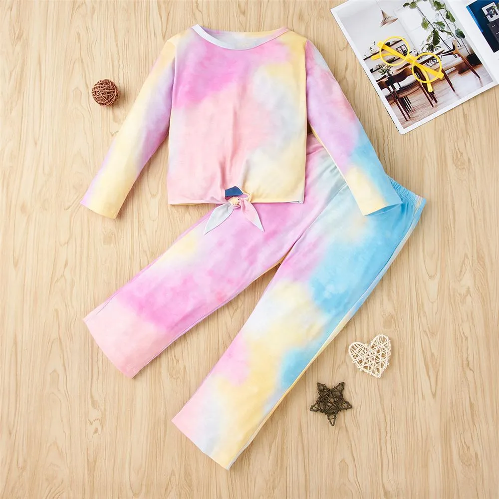 Gils Tie Dye Long Sleeve Bow Decor Tees & Pants Girls Clothing Wholesale