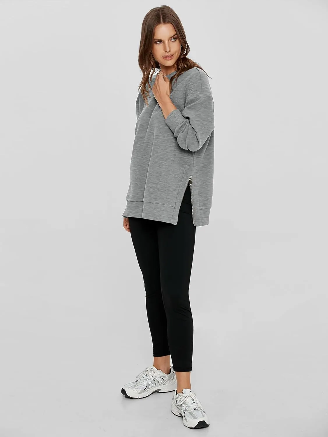 Glamaker Womens Oversized Sweatshirts Crewneck Side Zipper Pollover Long Sleeve Hoodie Sweaters 2024 Fall Clothes