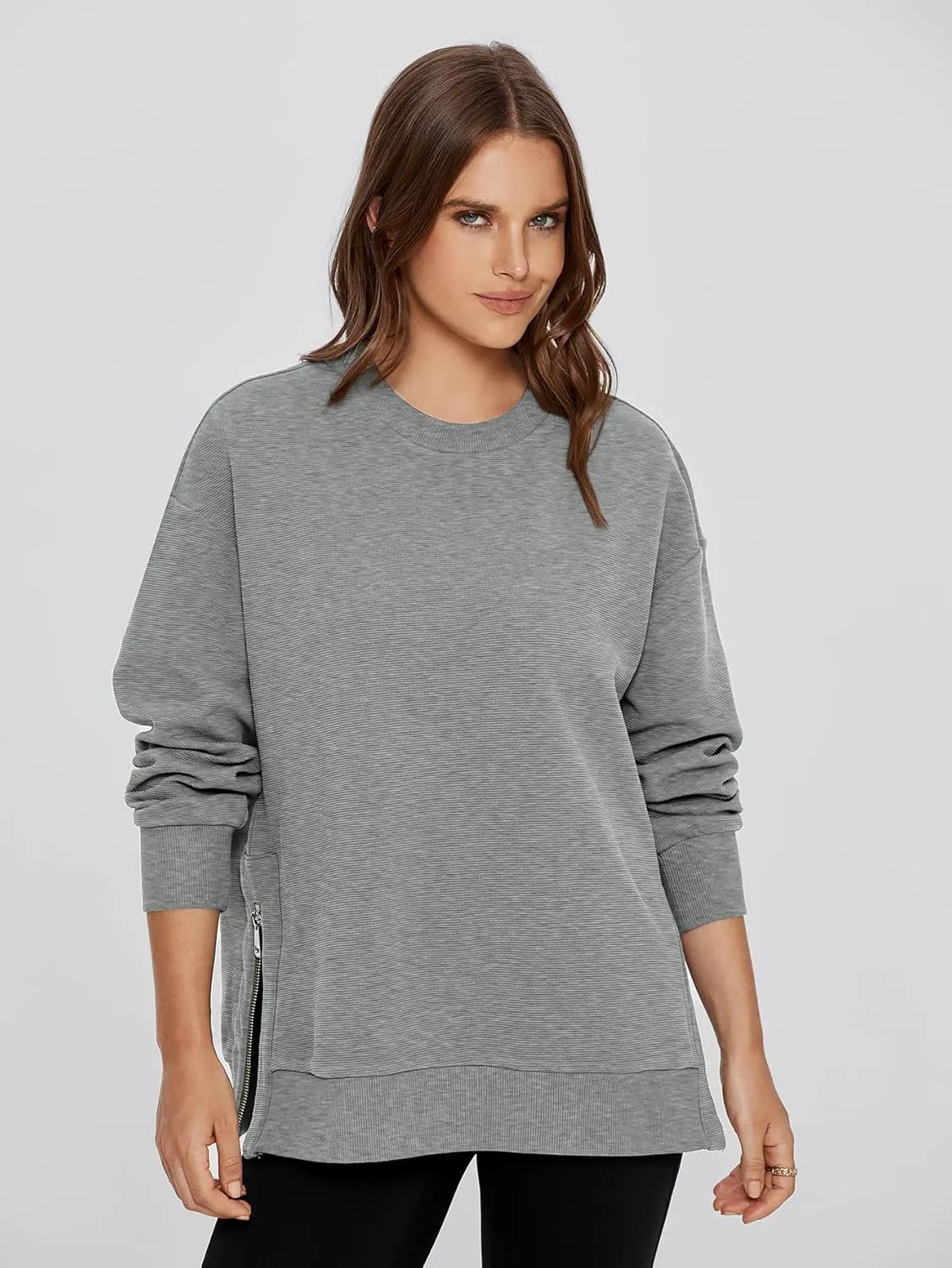 Glamaker Womens Oversized Sweatshirts Crewneck Side Zipper Pollover Long Sleeve Hoodie Sweaters 2024 Fall Clothes