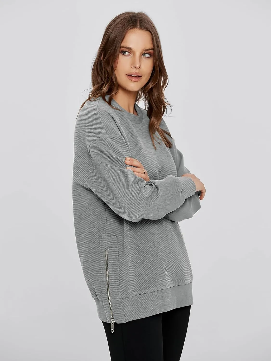 Glamaker Womens Oversized Sweatshirts Crewneck Side Zipper Pollover Long Sleeve Hoodie Sweaters 2024 Fall Clothes