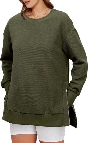 Glamaker Womens Oversized Sweatshirts Crewneck Side Zipper Pollover Long Sleeve Hoodie Sweaters 2024 Fall Clothes