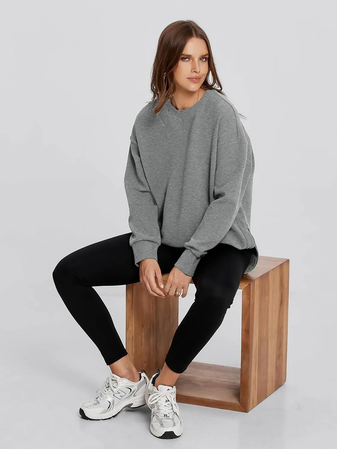 Glamaker Womens Oversized Sweatshirts Crewneck Side Zipper Pollover Long Sleeve Hoodie Sweaters 2024 Fall Clothes