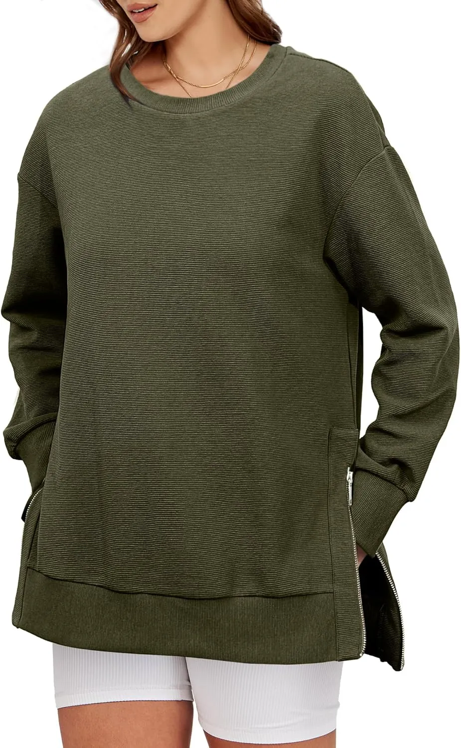 Glamaker Womens Oversized Sweatshirts Crewneck Side Zipper Pollover Long Sleeve Hoodie Sweaters 2024 Fall Clothes
