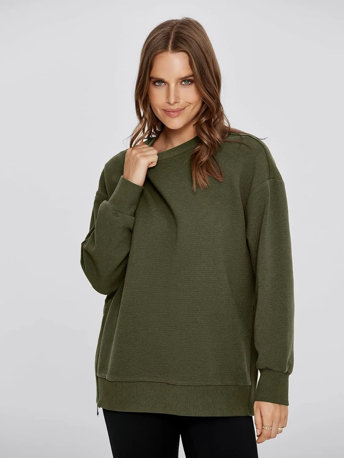 Glamaker Womens Oversized Sweatshirts Crewneck Side Zipper Pollover Long Sleeve Hoodie Sweaters 2024 Fall Clothes