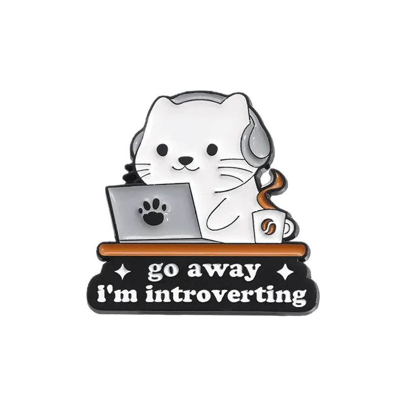 Go Away I'm Introverting Cute Cat Enamel Pins Cartoon Animal Kitten Brooches Mental Health Quotes Lapel Badge Accessories Gift