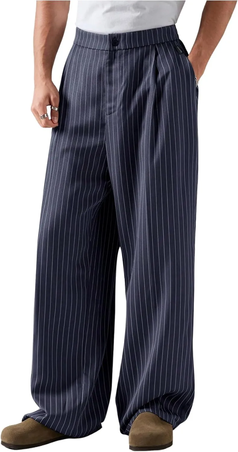 GORGLITTER Men's Baggy Casual Pleated Striped Dress Pants 2025 Wide Leg Trousers with Pockets