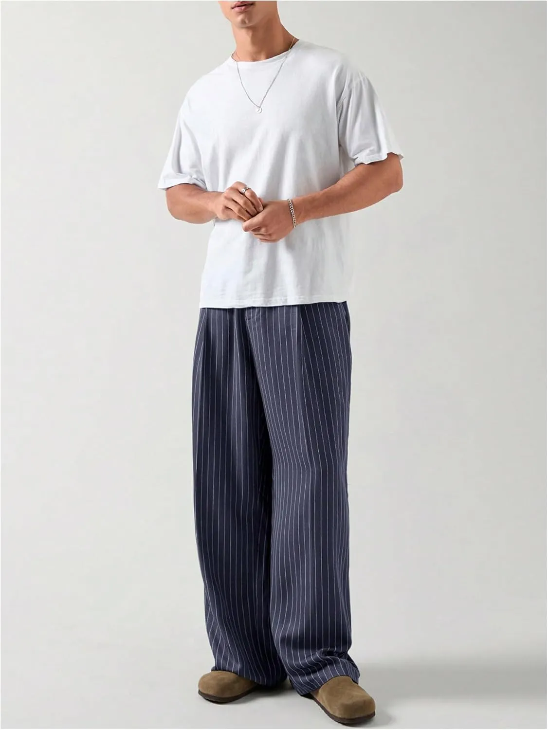 GORGLITTER Men's Baggy Casual Pleated Striped Dress Pants 2025 Wide Leg Trousers with Pockets