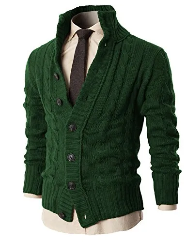 H2H Mens High Neck Twisted Knit Cardigan Long Sleeve Sweater GREEN US M/Asia L (KMOCAL020)