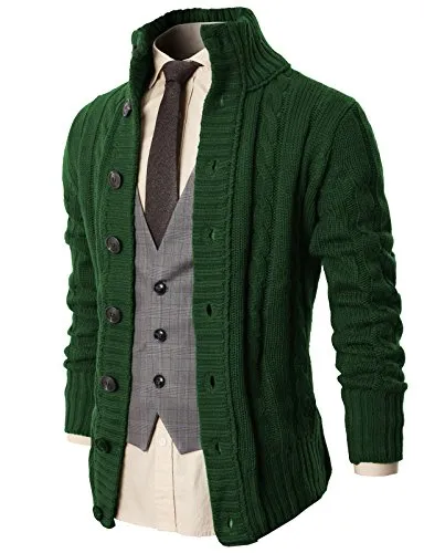 H2H Mens High Neck Twisted Knit Cardigan Long Sleeve Sweater GREEN US M/Asia L (KMOCAL020)