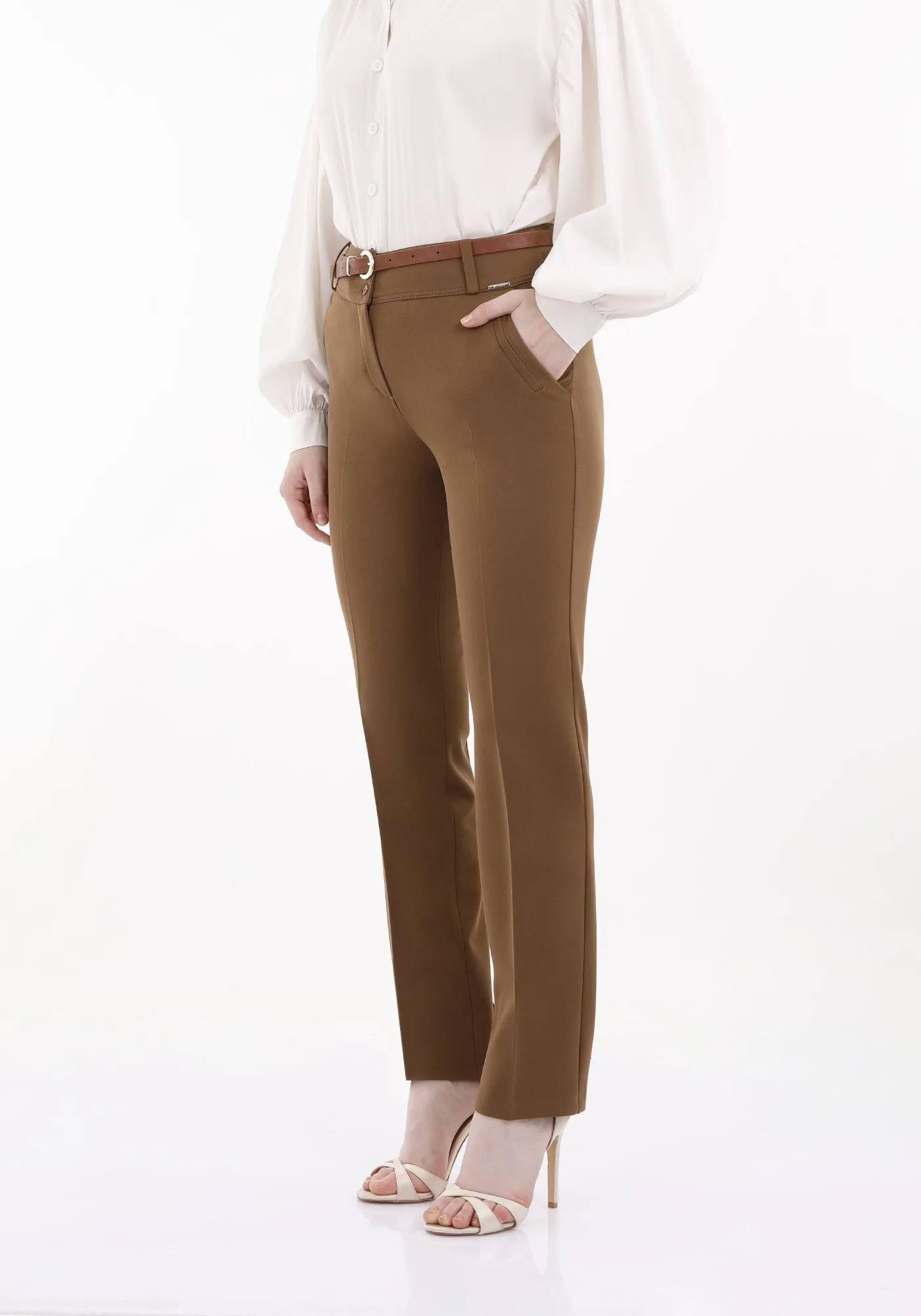 Hazelnut Straight Leg Pants with Pockets and Belt
