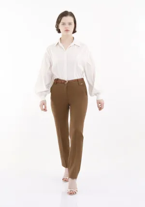 Hazelnut Straight Leg Pants with Pockets and Belt
