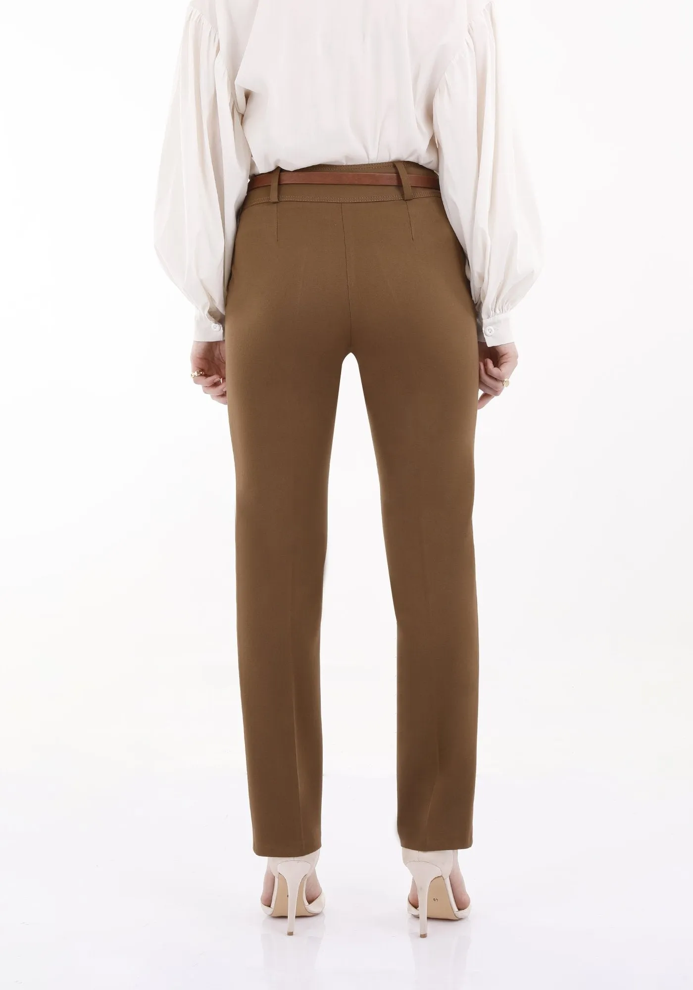 Hazelnut Straight Leg Pants with Pockets and Belt