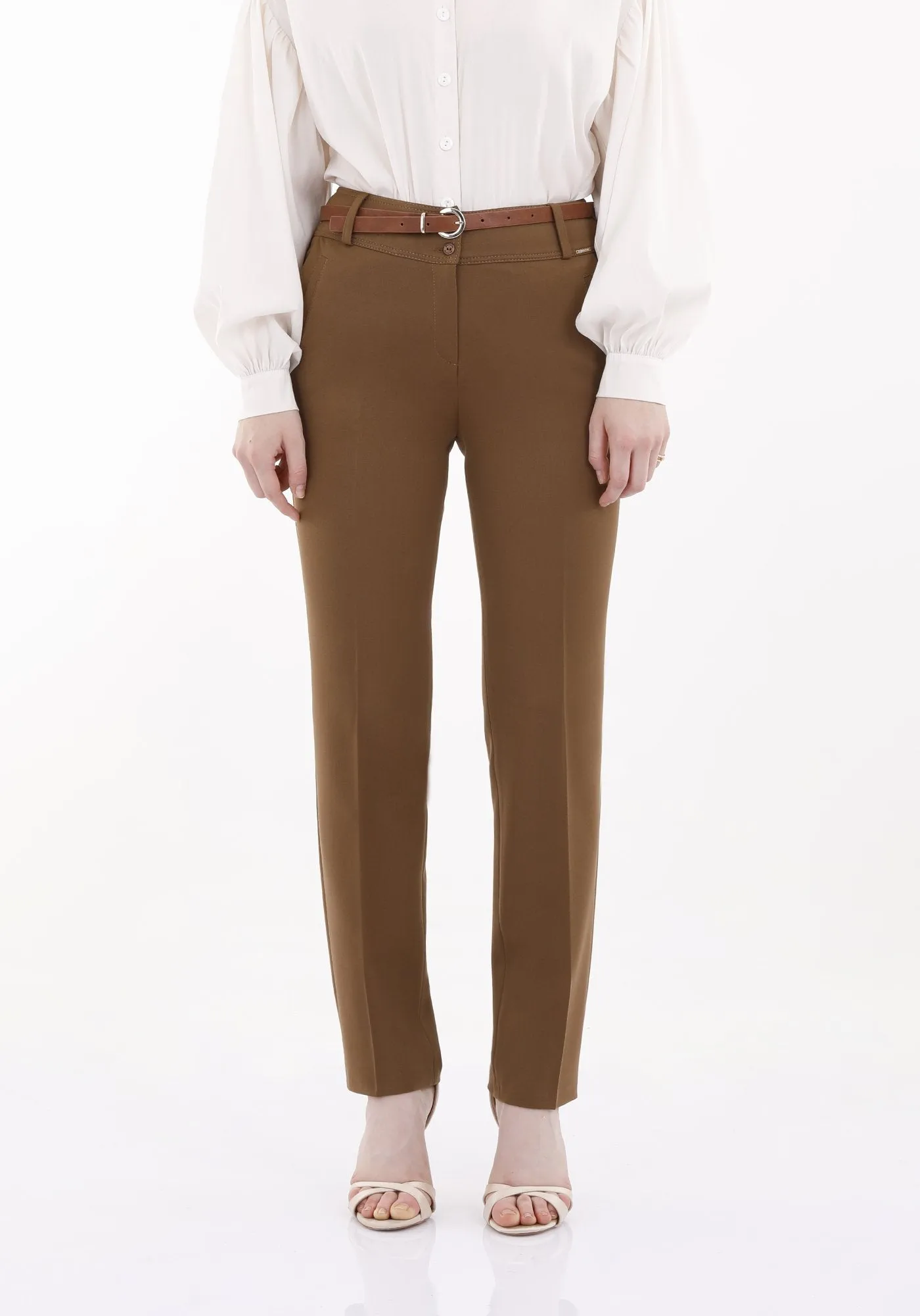 Hazelnut Straight Leg Pants with Pockets and Belt