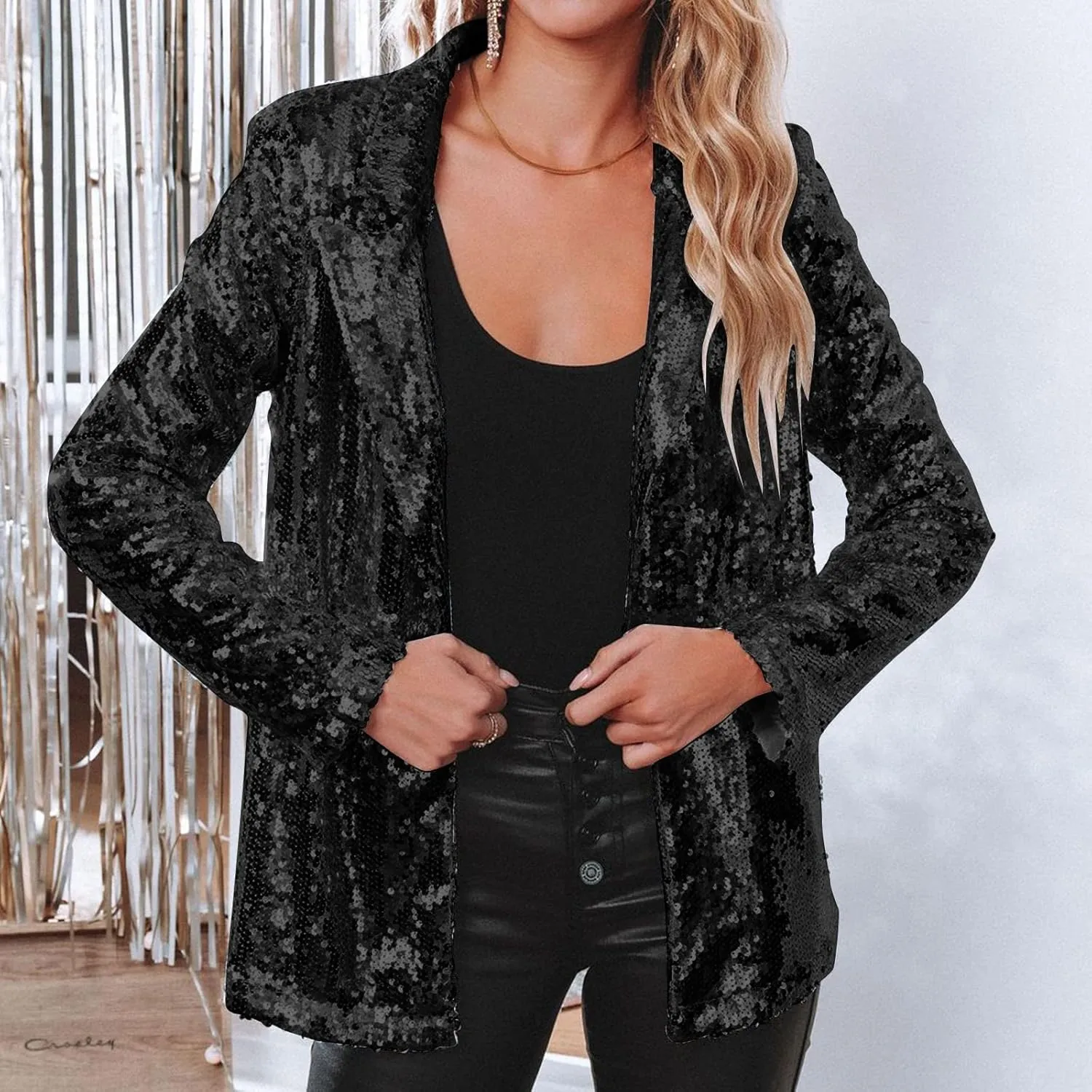 Helluva Boss Women's Sequin Jackets Open Front Blazer Shiny Jacket Casual Long Sleeve Sparkly Cardigan Coat