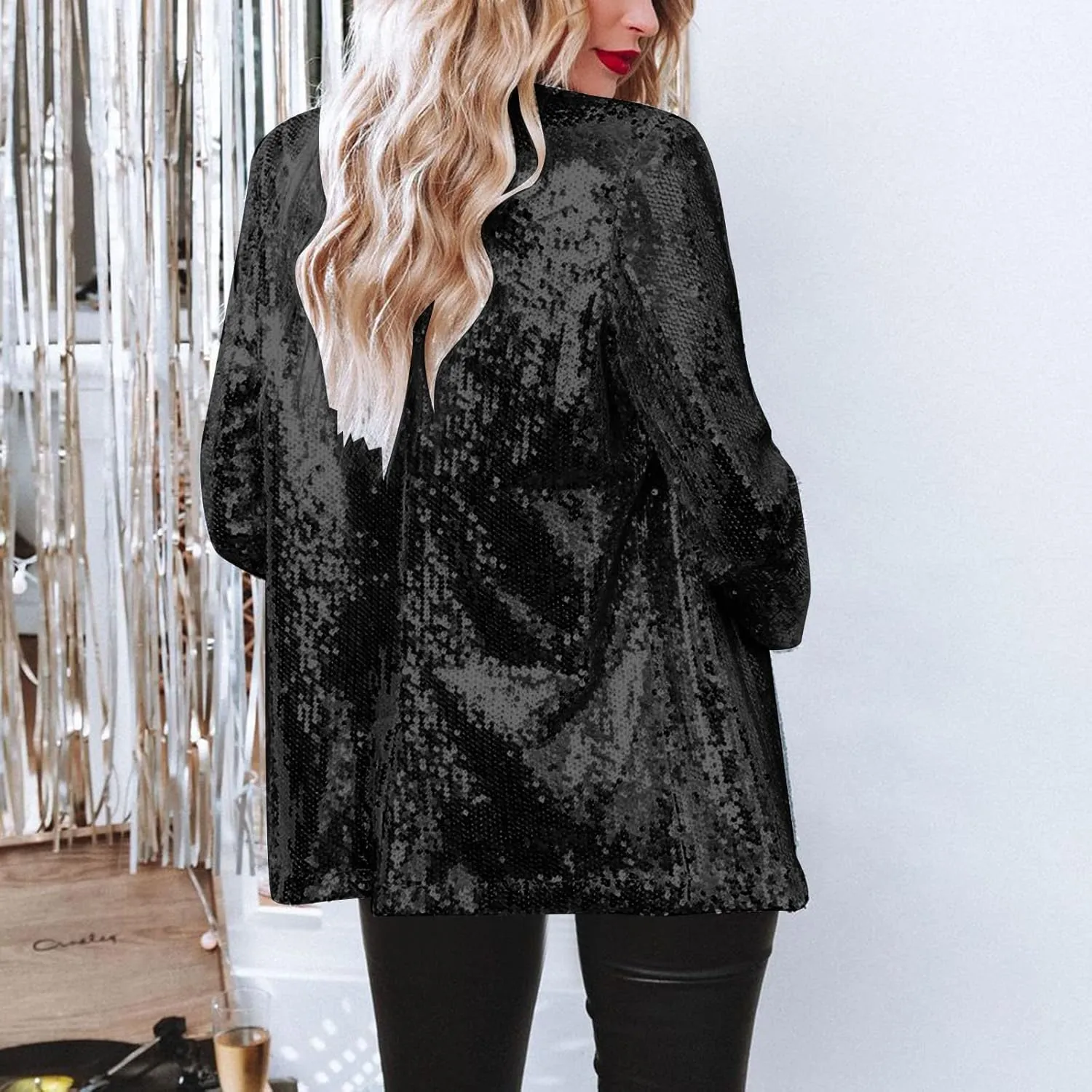 Helluva Boss Women's Sequin Jackets Open Front Blazer Shiny Jacket Casual Long Sleeve Sparkly Cardigan Coat