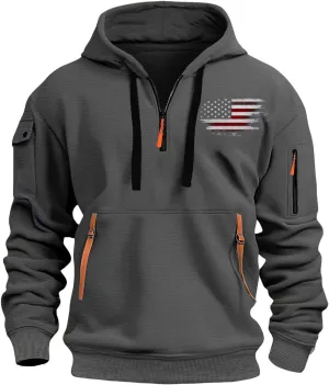 Hoodies for Men Quarter-Zip Pullover Tactical Sweatshirt USA Flag Print Vintage Casual Fashion Hoodie With Pockets